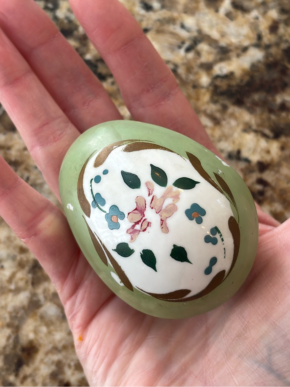 Vintage Ceramic Egg Trinket Box Floral Hand Painted Green Gold Mini Jewelry Box
